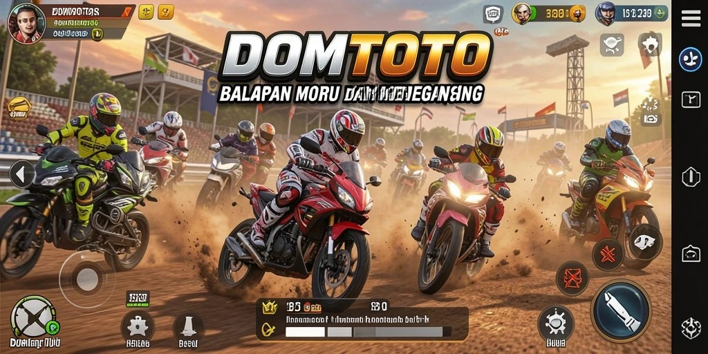 Tampilan gameplay seru dalam DOMTOTO saat balapan motor di lintasan.