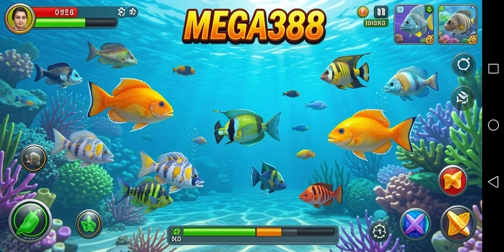 Screenshot utama MEGA388 menampilkan gameplay menembak ikan yang menarik.