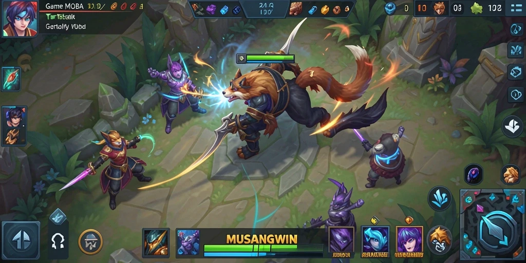 Screenshot utama MUSANGWIN menampilkan pertarungan intens antar tim dalam gameplay MOBA.