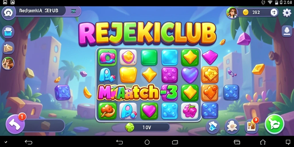 Screenshot gameplay REJEKICLUB menampilkan momen pencocokan buah warna-warni.
