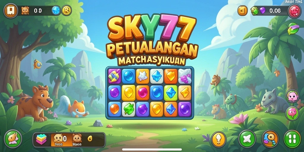Tampilan gameplay seru SKY77 dengan elemen Match-3 yang berwarna-warni.