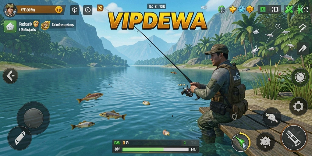 Screenshot menampilkan gameplay seru dari VIPDEWA dengan aksi memancing yang menarik.